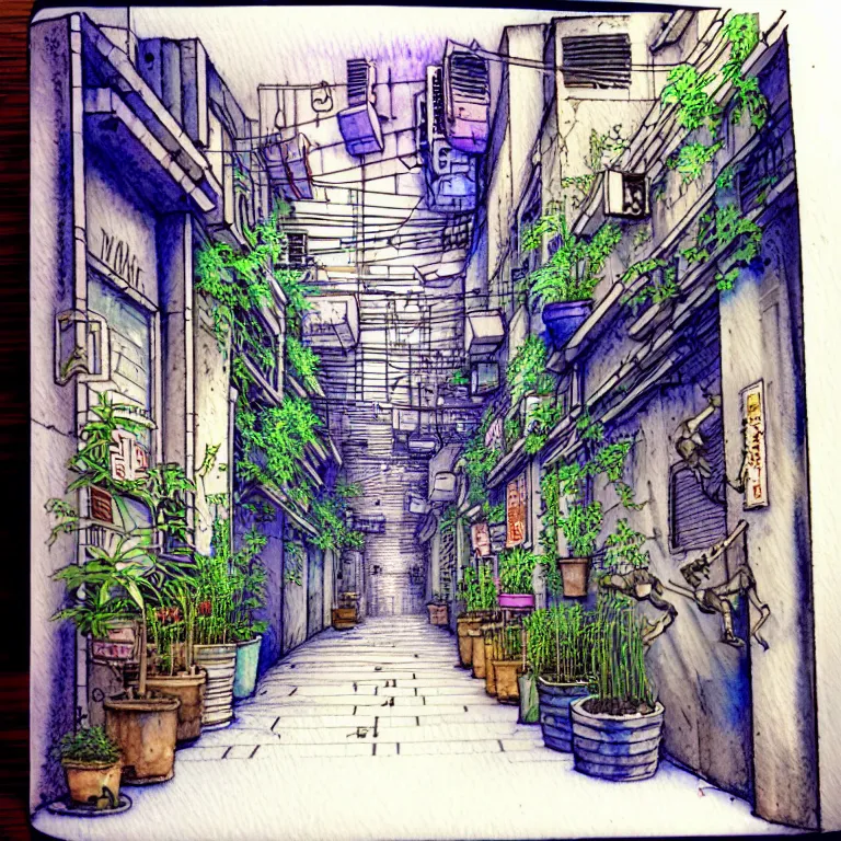 Image similar to an absurdly-detailed cyberpunk alleyway watercolor-calligraphy-pen drawing as a fancy square tile. Cats and Robots and Potted-Plants.