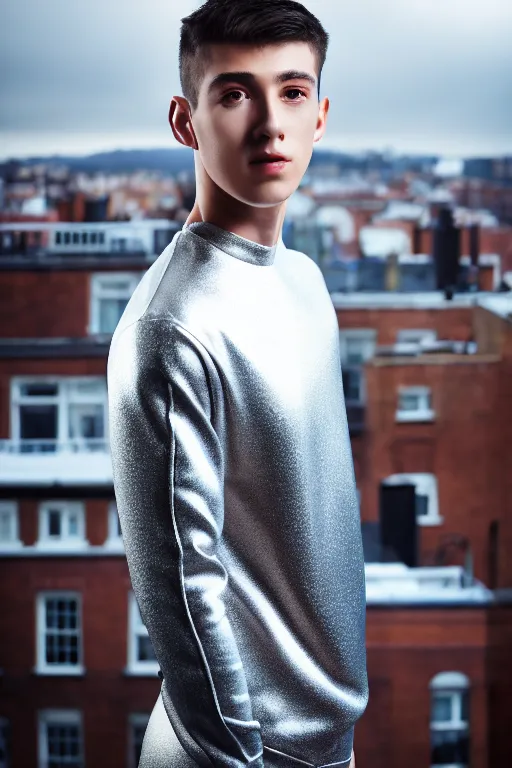 Image similar to un ultra high definition studio quality photographic art portrait of a young man standing on the rooftop of a british apartment building wearing soft padded silver pearlescent clothing. three point light. extremely detailed. golden ratio, ray tracing, volumetric light, shallow depth of field. set dressed.