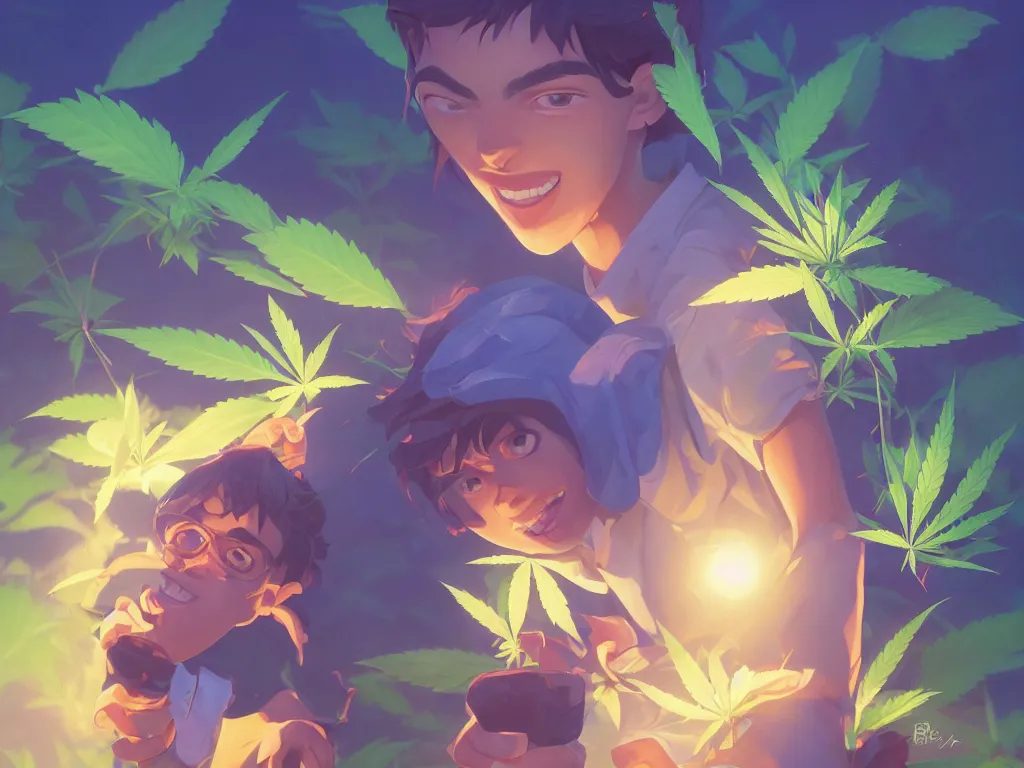 Prompt: kid with green ultramarine nefrit flowers of marijuana hemp cannabis, behance hd by jesper ejsing, by rhads, makoto shinkai and lois van baarle, ilya kuvshinov, rossdraws global illumination, golden ratio, symmetrical beauty face