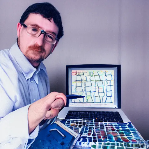 Prompt: watercolor portrait. a man trying to troubleshoot a computer. low dof