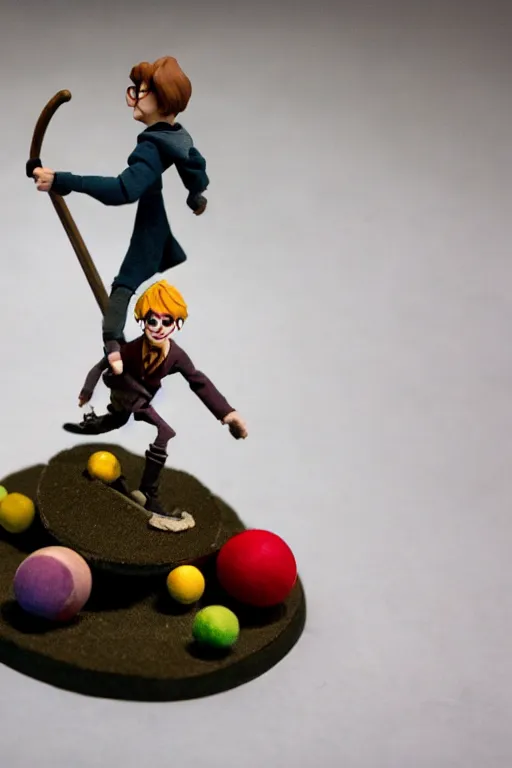 Image similar to harry potter playing quidditch, claymation, stop motion, shallow depth of field, miniatures