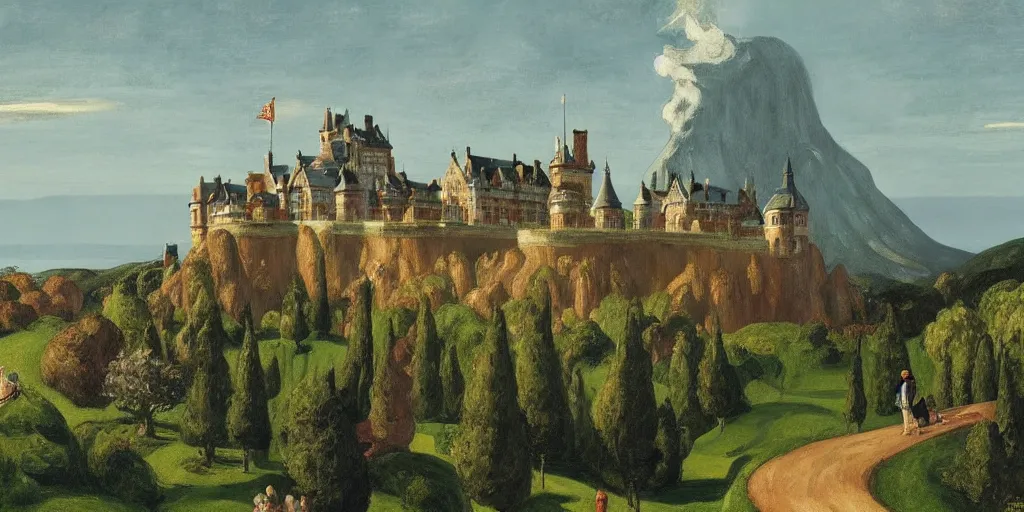 Image similar to highly detailed castle and surrounding village, panorama, thunderstorm, foliage, knights, people by Edward Hopper, David Hardy and Ernst Haeckel