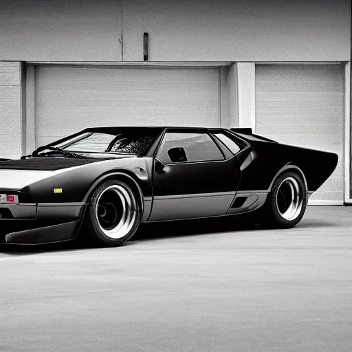 Image similar to detomaso pantera, night, headlights are on, professional photography, vaporwave