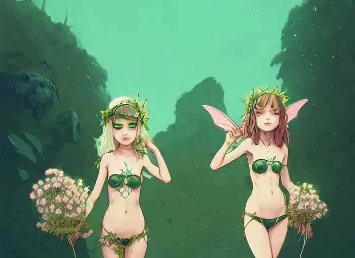 Image similar to two cute fairy girls with crown of flowers in plants bikini covered with celtic rune tattoos, fantasy, by atey ghailan, by greg rutkowski, by greg tocchini, by james gilleard, by joe gb fenton, by in kaethe butcher, dynamic lighting, gradient light green, brown, blonde cream and white color in scheme, grunge aesthetic