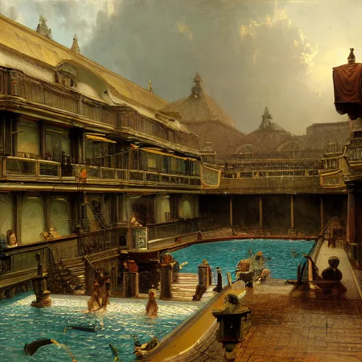 Prompt: painting of a scifi ancient civilzation victorian swimming pool, andreas achenbach