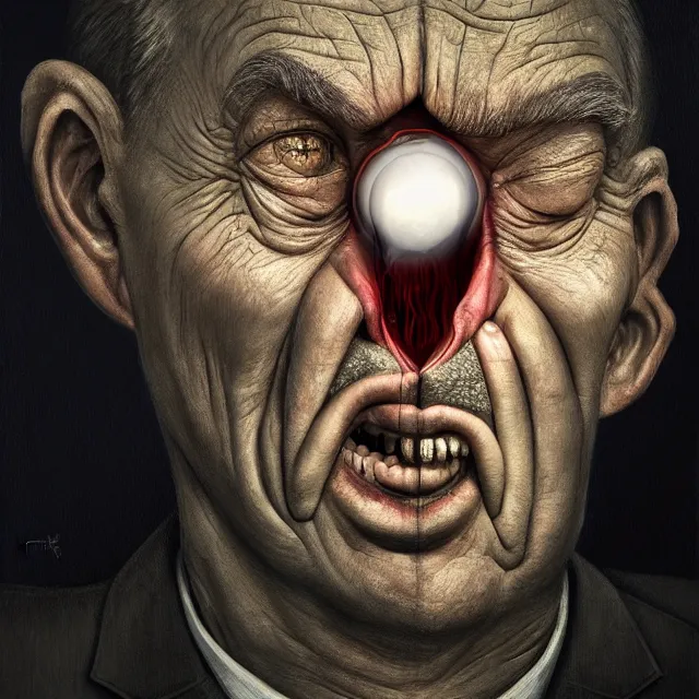 Image similar to gediminas pranckevicius | close up portrait of a the trump in the sinister valley of despair, one mouth, one nose, two eyes, oil painting by tomasz jedruszek, cinematic lighting, pen and ink, intricate line, hd, 4 k, million of likes, trending on artstation