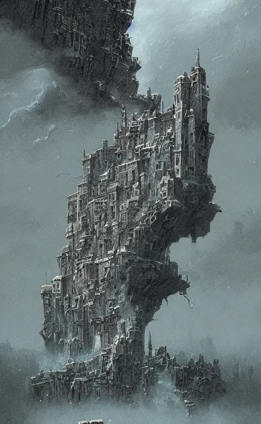 Image similar to an digital art of wild magic hex storm that destroys medieval fantasy city in style of zdislaw beksinski