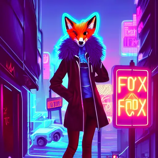 Prompt: beautiful furry digital art portrait commission of an androgynous furry anthro fox fursona wearing punk clothes in the streets of a cyberpunk city. neon signs. character design by charlie bowater, ross tran, artgerm, and makoto shinkai