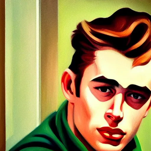 Prompt: A beautiful close-up of a man who looks like James Dean, dressed like in the 1940s, digital art by Edward Hopper, vibrant color scheme, highly detailed, in the style of romanticism, fine Art, high detail, great lighting, 8k resolution, masterpiece, concept art, illustration, clear eyes, soft lighting, soft details, painting oil on canvas, octane render, HDR, trending on artstation, 4k, 8k, HD