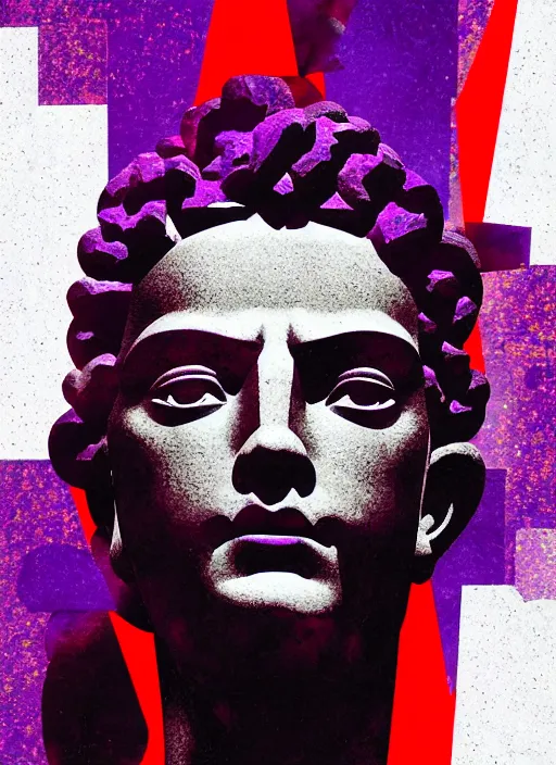 Image similar to black background with subtle red and purple geometric design elements, statue of hercules, nekro, graphic design, collage art, dark, glitch art, neo vaporwave, gritty, layout frame, trending on artstation