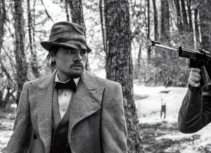 Image similar to an action scene from the movie scarface, medium long shot, costumes from peaky blinders, filmed in the dark woods, a cabin in the background, leonardo dicaprio and daniel day - lewis, sharp eyes, serious expressions, detailed and symmetric faces, black and white, cinematic, epic,