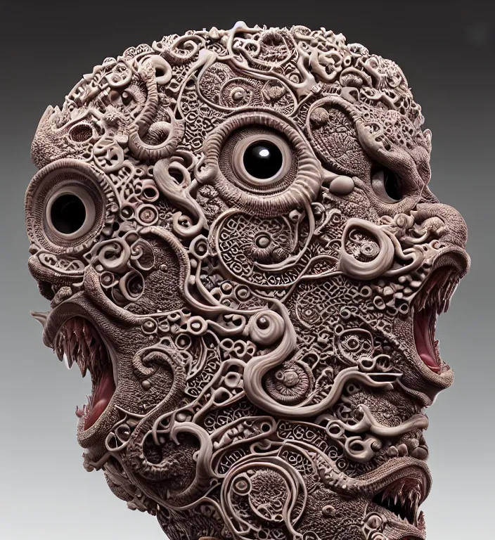 Image similar to Monster, A Close up photo-real delicate ceramic porcelain sculpture of a symmetrical ornate detailed in front of an intricate background by Victo Ngai and takato yamamoto, micro detail, backlit lighting, face in focus, subsurface scattering, translucent, thin porcelain, octane renderer, colorful, physically based rendering, japanese pottery, trending on cgsociety