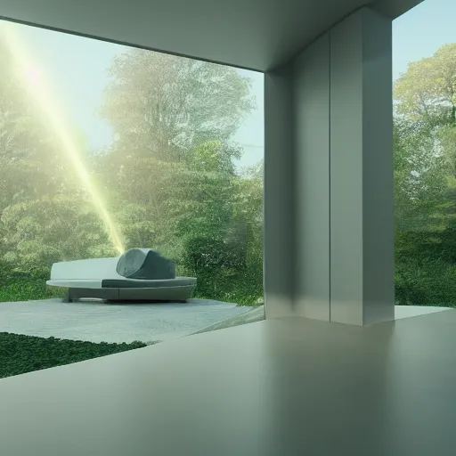 Image similar to futuristic house where nature blends into architecture, beam of light entering from a window, structure merging into the landscape, octane render, 4k