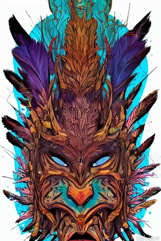 Image similar to totem animal mask tribal feather gemstone plant wood rock shaman vodoo video game vector illustration vivid multicolor borderlands comics by josan gonzales and dan mumford radiating a glowing aura