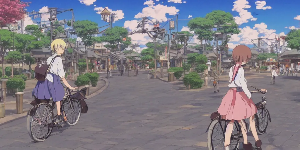 Image similar to anime girl riding bicycle in highly detailed japanese city, studio ghibli style, by hayao miyazaki, sharp focus, highly detailed, 4k