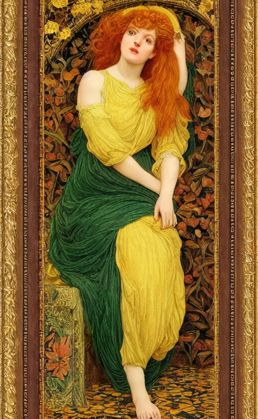 Prompt: preraphaelite full body reclining portrait photography masterpiece hybrid of judy garland and florence welch, brown hair fringe, yellow ochre ornate medieval dress, kilian eng and william holman hunt, frederic leighton, ford madox brown, william morris, framed, 4 k