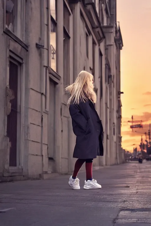 Image similar to high quality realistic street photo of girl, blond hair, clothes in the sport style of 1 9 9 0, sneakers, lowered socks, loose coat, perfect face against the sunset sky ; kodak ektar, 2 0 0 iso, 3 5 mm lens, bill henson style beautiful chiaroscuro lighting, beautiful colour palette, beautiful and realistic, wide shot