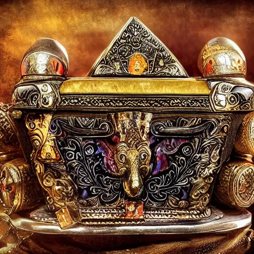 Image similar to Ornate Embellished Casket with Ancient Mummy King rising out Treasure Jewels Coins Dark Fantasy Art HDR