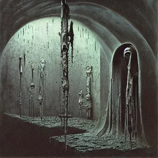 Prompt: the crypt of broken dreams and alternate worlds, by h. r giger and beksinski