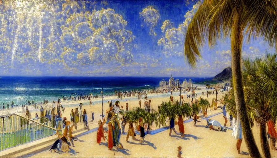 Image similar to a ultradetailed beautiful painting of the thunderstorm sky of the rio de janeiro palace balustrade designed by jules bastien - lepage, tarsila do amaral, frank weston and gustave baumann, beach, trending on artstation, mediterranean, palm trees, sharp focus, colorful refracted sparkles and lines, soft light, 8 k 4 k