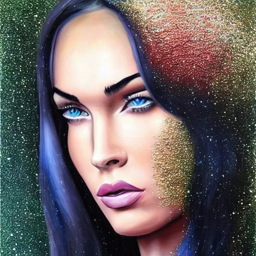 Image similar to “Megan Fox glitter paints paintings, ultra detailed portrait, 4k resolution”