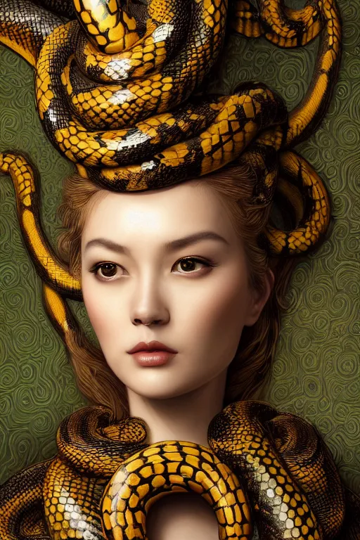 Image similar to a beautiful empress portrait, with a brilliant, impossible striking big Snake headpiece, clothes made of snakes, everything snakes, boa, symmetrical, dramatic studio lighting, rococo, baroque, greens, asian, hyperrealism, closeup, D&D, fantasy, intricate, elegant, highly detailed, digital painting, artstation, octane render, 8k, concept art, matte, sharp focus, illustration, art by Artgerm and Greg Rutkowski and Alphonse Mucha