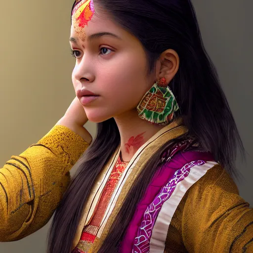 Prompt: Portrait of a beautiful teen Assamese girl, cute face, wearing bihu Assam traditional dress mekhela, by charlie bowater, beauty expressive pose, but as a photograph, photorealism, daz3d genesis iray shaders, cinematic lighting, HDRI, 8k textures, intricate, elegant, highly detailed, artstation, concept art, smooth, sharp focus, clear head space in frame