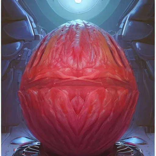 Image similar to Concept Digital Art Highly detailed Watermelon warlord by Stephen Hickman and Beeple. Very highly detailed 8K,Pentax 67, Kodak Portra 400 in style of Hiromasa Ogura Ghost in the Shell, the golden ratio, rational painting