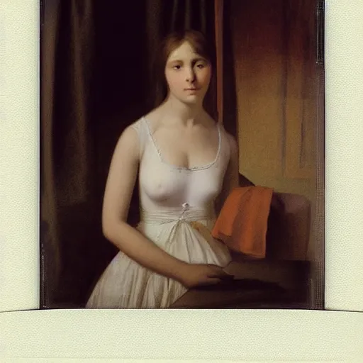 Image similar to a girl in a room, old polaroid by ingres, by hayez, digital painting, strong lights, flat colors, pastel colors, eerie, nostalgic