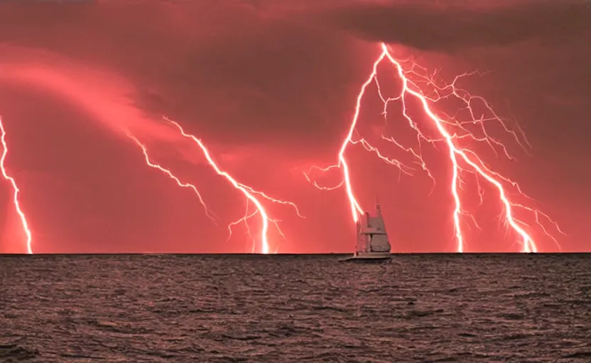 Prompt: small yacht caught in a storm, red lightnings, windwhirl, night, 1995 photo