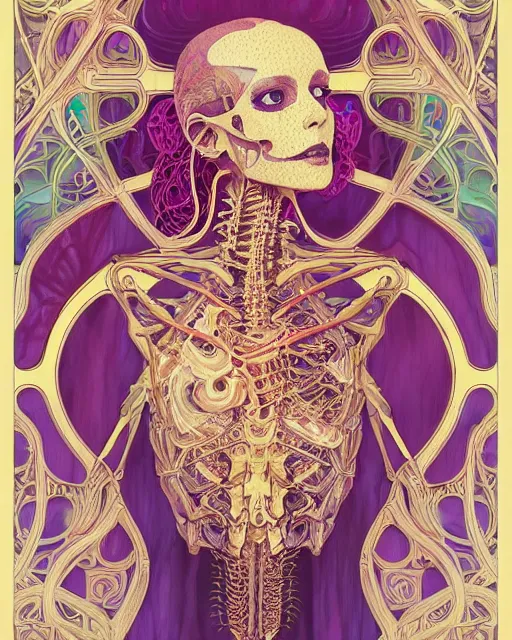 Image similar to glitch art bionic skeleton, vaporwave, highly detailed, very intricate, art nouveau, gold filigree, romantic storybook fantasy, soft cinematic lighting, award - winning, disney concept art watercolor illustration by mandy jurgens and alphonse mucha and alena aenami, pastel color palette, featured on artstation