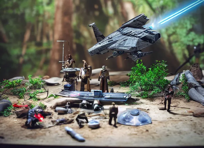 Prompt: a detailed photo of a realistic diorama with star wars toys, macro photography, zoom, model trees, table
