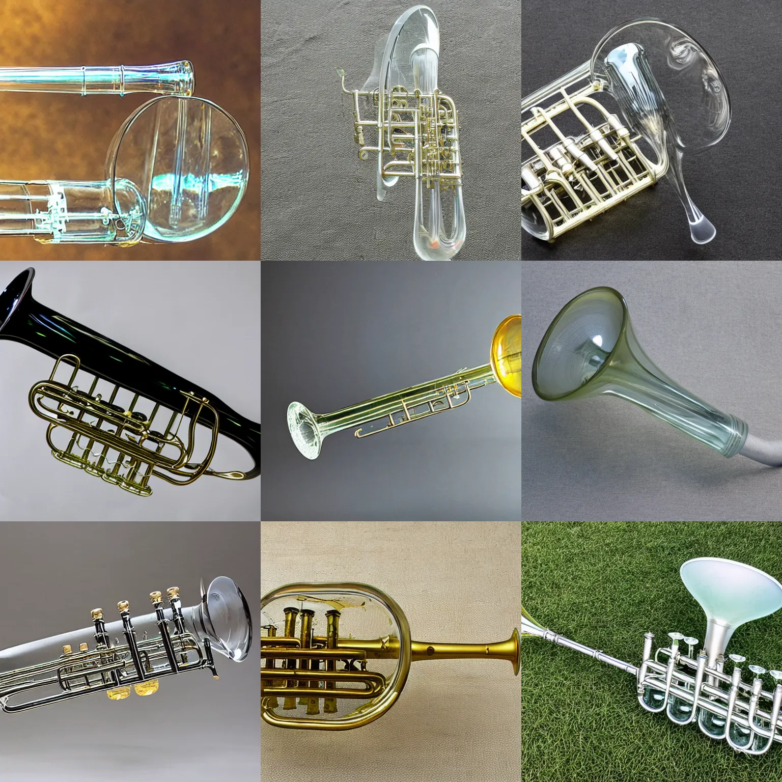 Prompt: a transparent glass trumpet