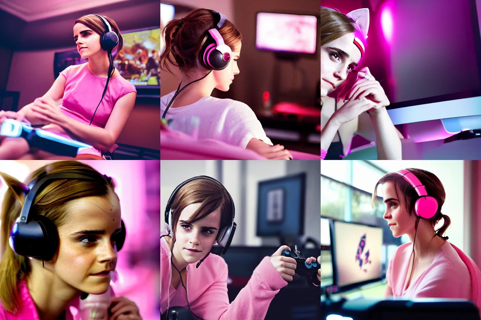 Prompt: a close-up of Emma Watson playing video games on a computer, wearing pink headphones with cat ears, candid photography, backlit, bokeh