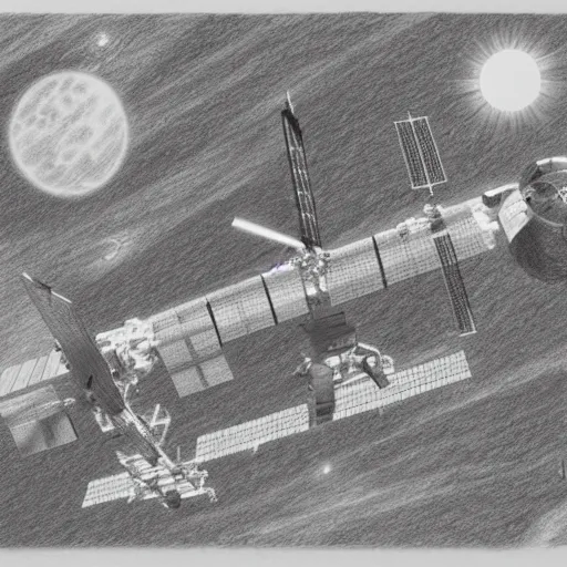 Image similar to a highly detailed graphite sketch of the international space station, with the sun reflecting off of it's windows, various refining methods