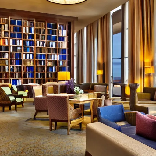 Image similar to a hotel, having many furnitures, waters, and books