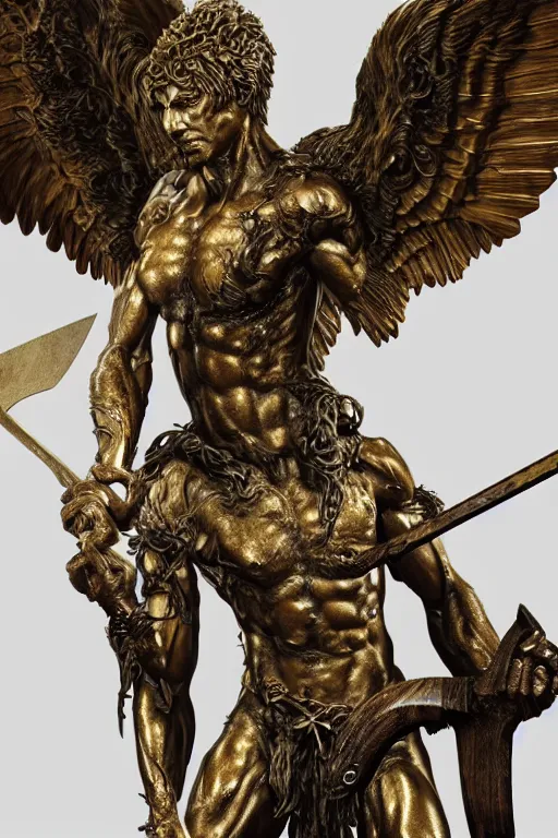 Image similar to photo taken of an epic intricate, ultra detailed, super realistic sculpture of a ancient winged demonic guardian statue holding an axe, sculpture on display, created by weta workshop, photorealistic, sharp focus, f 0. 4, face centred, golden ratio