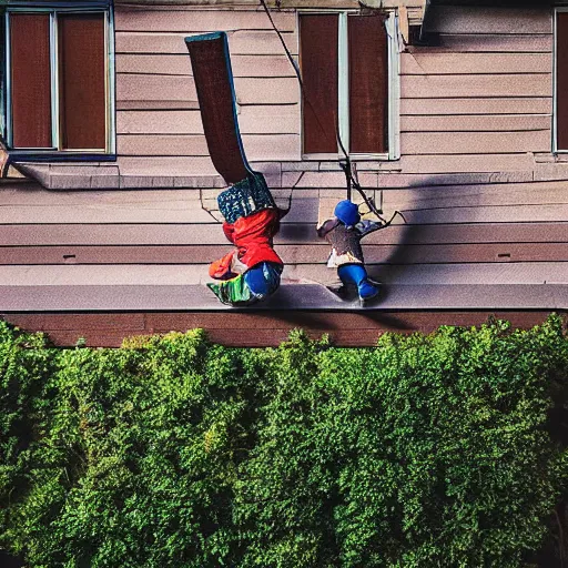 Prompt: some dwarfs are making some backyard somersault from a balcony, photography