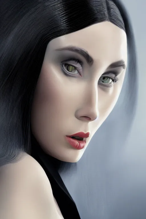 Prompt: hyper - realistic close - up portrait of a modern woman, pale skin, in a black silk robe, in the retrofuturism style