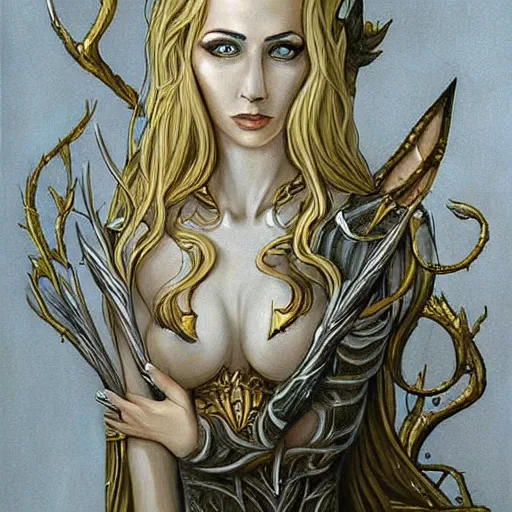 Image similar to perfect painting of an elven woman dressed in white and gold