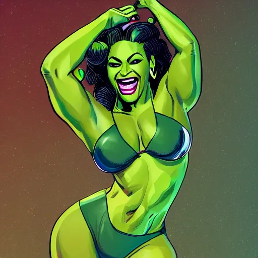 Prompt: Singer Beyoncé as She-Hulk, smiling, photorealistic, comic pinup style, sports illustrated, detailed legs, hyperreal, surreal, artstation, bokeh, tilt shift photography, photo illustration, Roge Antonio, Jen Bartel