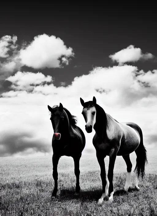 Image similar to two horses black and white portrait white sky in background