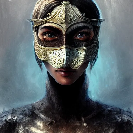 Image similar to Very very very very highly detailed epic photo of face with venetian mask, intricate, dystopian, sci-fi, extremely detailed, digital painting, artstation, concept art, smooth, sharp focus, illustration, intimidating lighting, incredible art by Artgerm