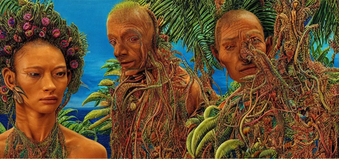 Image similar to very high resolution image from a new movie. a beautiful tropical landscape, portrait of an alien. 2 4 mm, photorealistic, photography, directed by mati klarwein