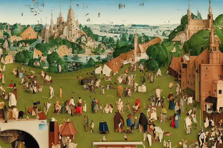 Image similar to an elaborate and dense painting of a peaceful neighborhood scene, detailed, made of alcohol ink on parchment and penned illustrations, by wes anderson and hieronymus bosch and geoff darrow