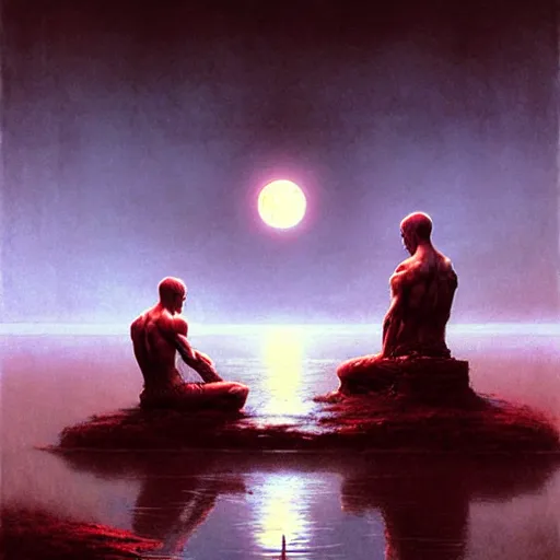 Image similar to the crimson moon shatters far above, a placid cross legged figure floating above pond by craig mullins, ruan jia, liang mark, beksinski, wayne barlowe, peter gric, jama jurabaev