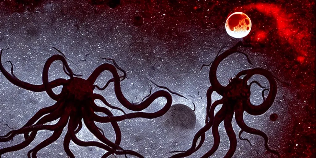 Image similar to giant <Cthulhu> tentacles silhouetted lunar surface crushing attacking red spaceship, bomber, photorealistic, wide-angle, long shot, epic, space, lunar photo backdrop on film