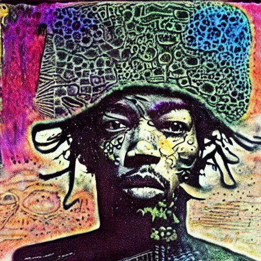 Prompt: jimi hendrix by giger and paul klee, psychadelic