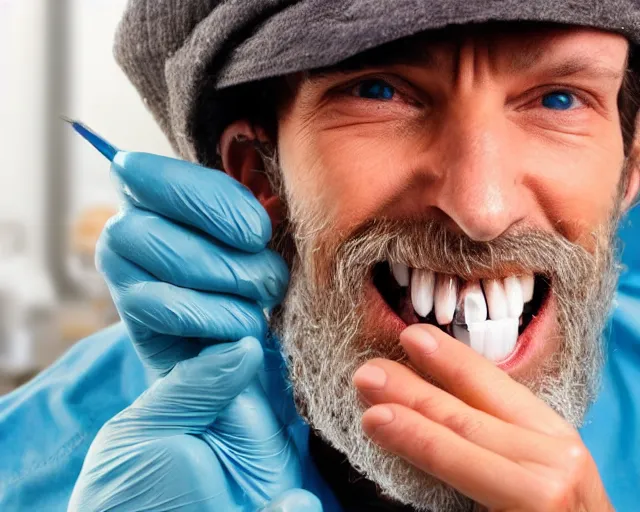 Image similar to a mouth full of bacteria. cursed image. realistic photograph. homeless man at the dentists office.