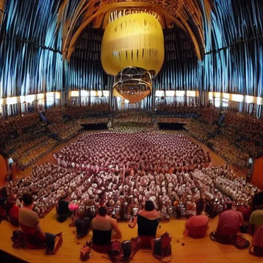 Prompt: tiny musicians playing the biggest musical instrument in the world